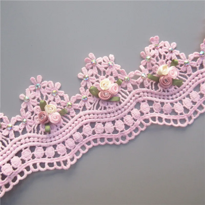 1yd розовый цветок хлопка Diamond Pearl шитая кружевом ткань обрезанная лента ручная работа по шитью Craft для костюм украшение на шляпку