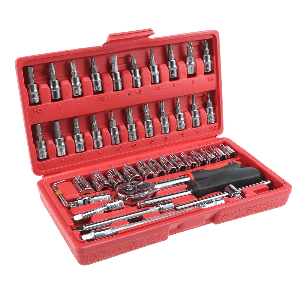 

46 in 1 Car Repair Tool Ratchet Spanner Screwdriver 46pcs 1/4 inch Socket Set Torque Wrench Combination Bit Chrome Vanadium