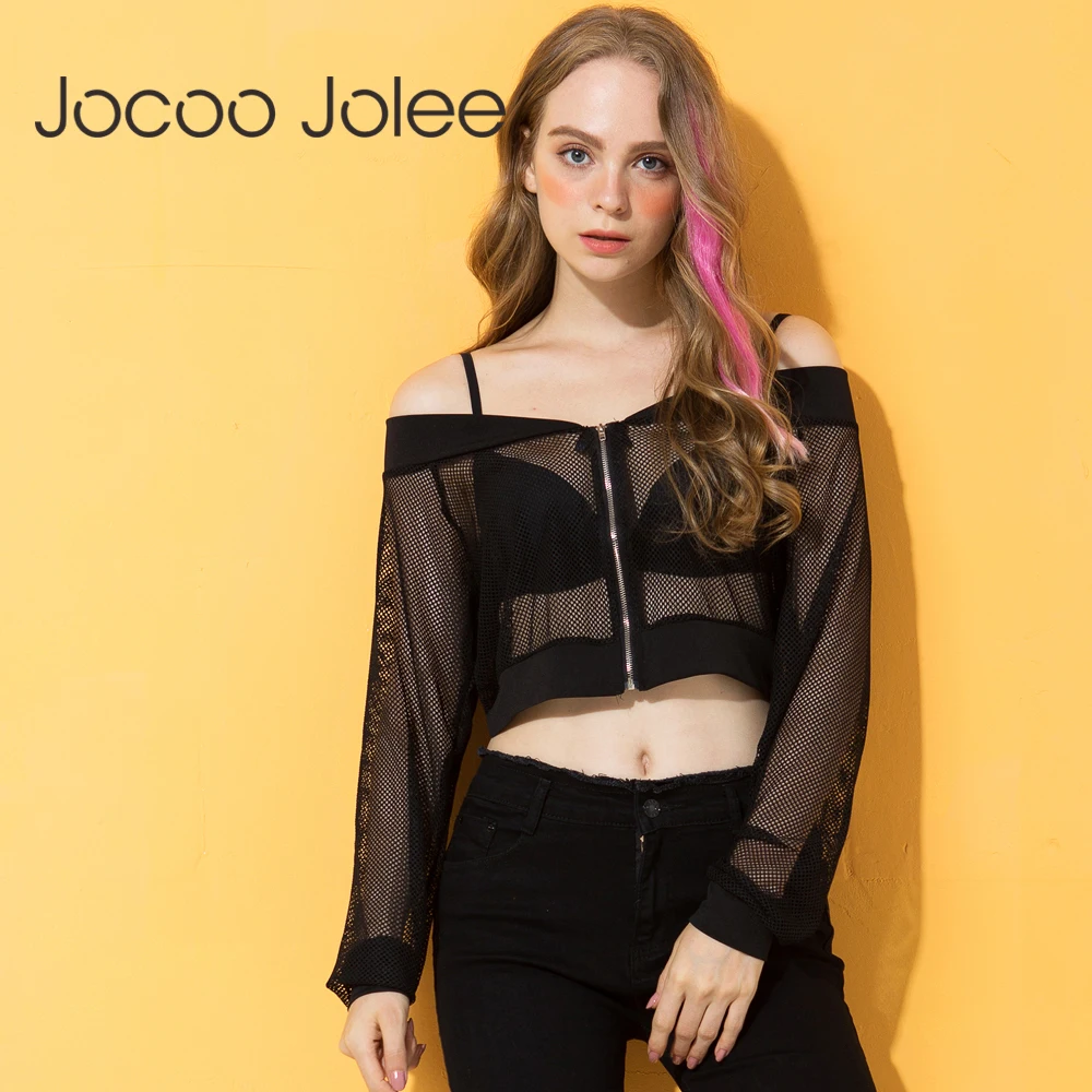 

Jocoo Jolee Sexy Transparent Mesh Sheer Jackets Long Sleeve Crop Top Black Summer Tops For Women 2018 Harajuku Shirt Plus Size