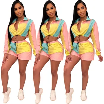 

Women Zip Short Pants Suits Contrast Color Crop Top Shorts Two Pieces Set Long Sleeve Casual Tracksuit Outfit