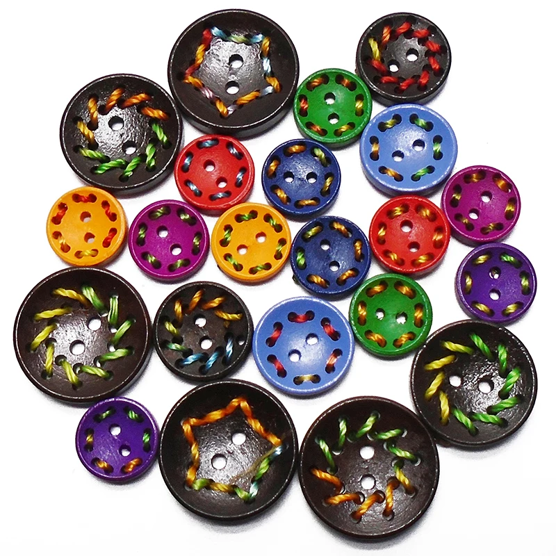 

ZIEENE 100 pcs Mixed Colorful Thread Line Big Round Wooden Buttons DIY Sewing Scrapbooking Wood For Clothes Shoes Handmade