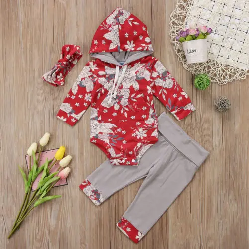 

Spring Toddler Infant Girls Clothes Set Casual Daily Long Sleeve Red Clothing Girl Flower Hooded Romper Long Pants Outfits 3PCS