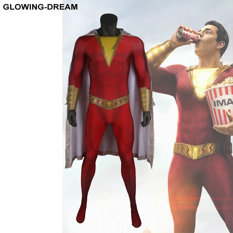 Мужской маскарадный костюм Shazam с плащом мышечный оттенок резиновый аксессуар
