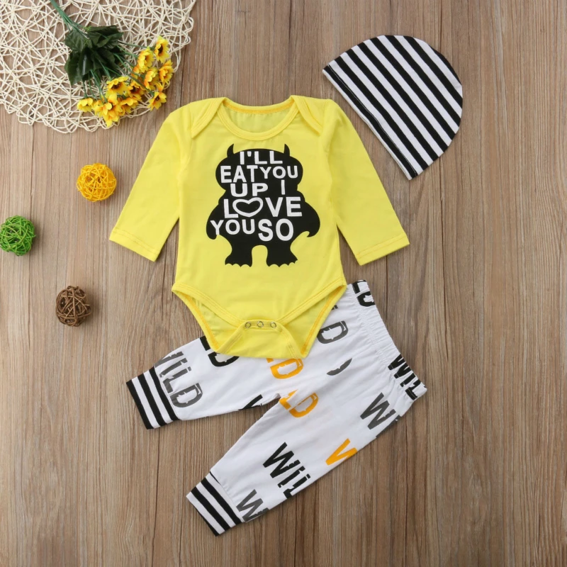 

3 Pcs Baby Boy Clothes Infant Newborn Letter Print Long Sleeve Romper+Long Pants+Hat Cotton Newborn Clothes 0-18M