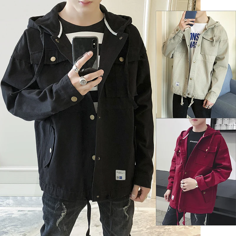 Autumn And Winter New Denim Jacket Men Fashion Solid Color Casual Hooded Denim Jacket Man Streetwear Hip Hop Loose Bomber Jacket