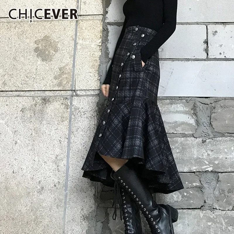 CHICEVER/осенне зимние клетчатые юбки для женщин с завышенной талией и асимметричным