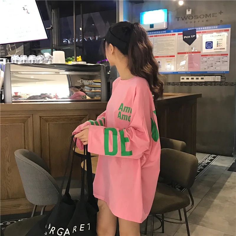 

Oversize loose plus size letter print long sleeve long t shirt dress women casual autumn large size pink white shirt dress 2018