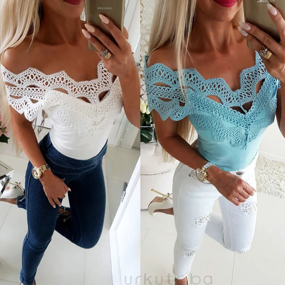 

Fashion Summer Women See through Lace Casual Hollow Out Cold Shoulder Top Crochet Shirt Ladies Blouse