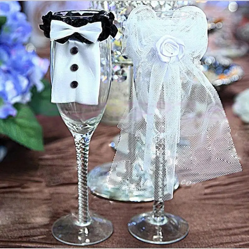 2019 Beautiful Groom tux Bridal Veil Glass Champagne flutes bride and groom wedding / engagement Party Decoration Supplies New