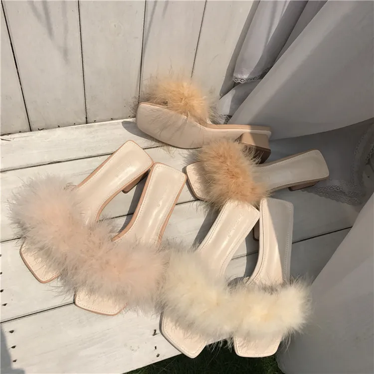 

Fur Slides Women Real Furry Slippers Square Heels Summer Fuzzy Beach Shoes