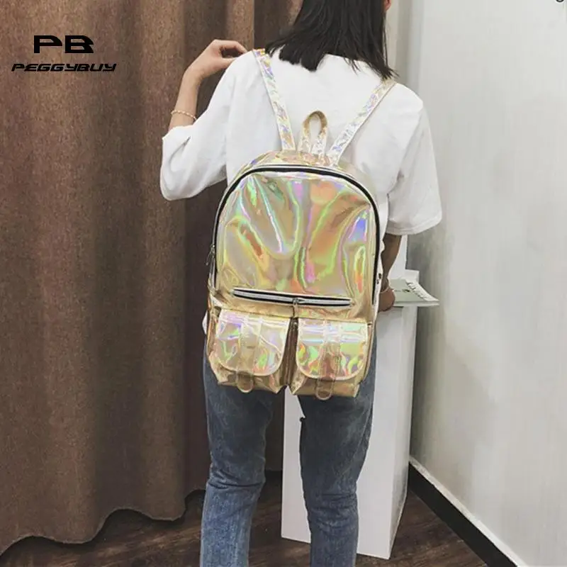 Женский лазерный голографический рюкзак в студенческом стиле, блестящие кожаные рюкзаки для девочек-подростков, вместительные сумки на плечо, Feminina Mochila