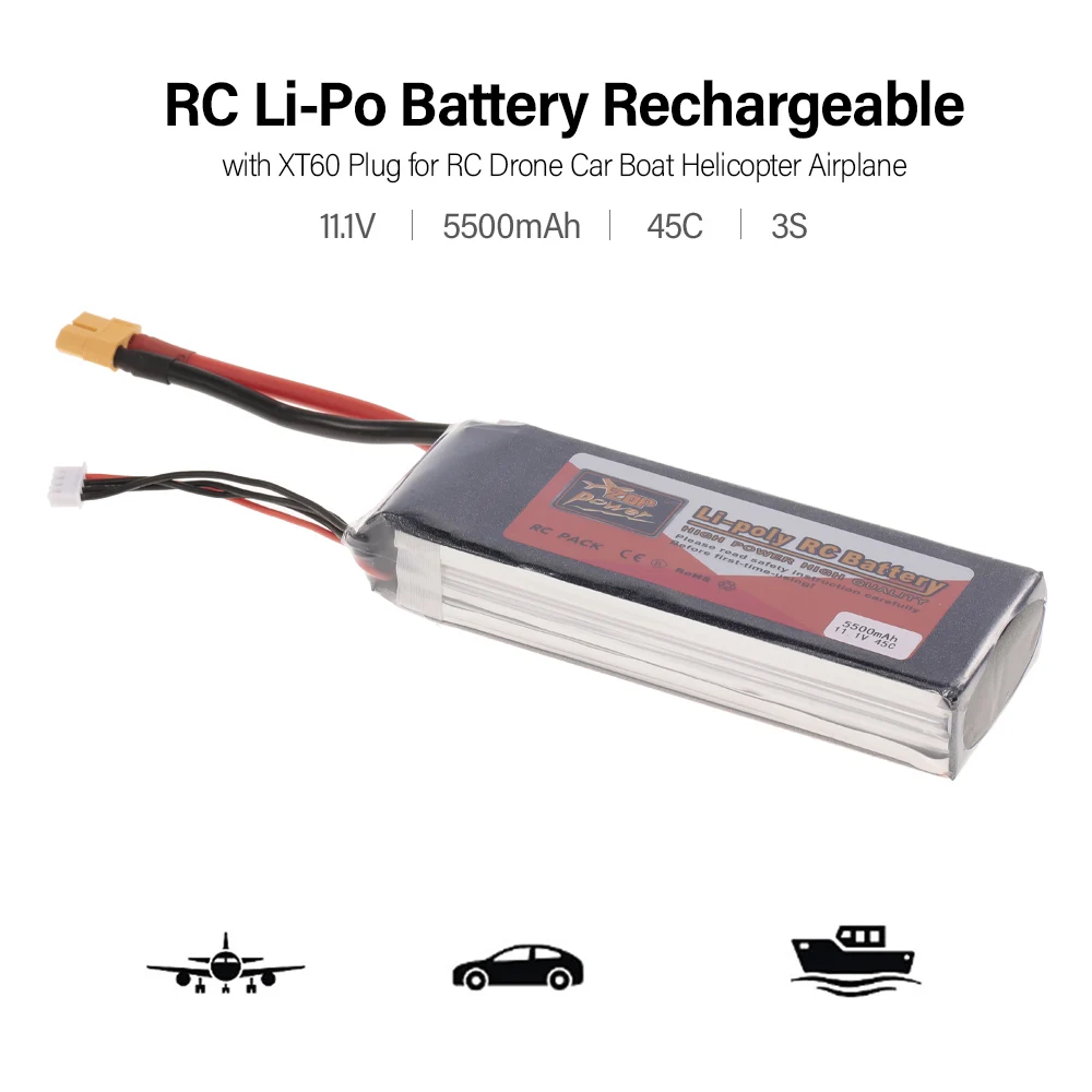 

RC Battery Power Li-Po Battery 11.1V 5500mAh 45C 3S Rechargeable with T Plug for RC Drone Car Boat Helicopter Airplane