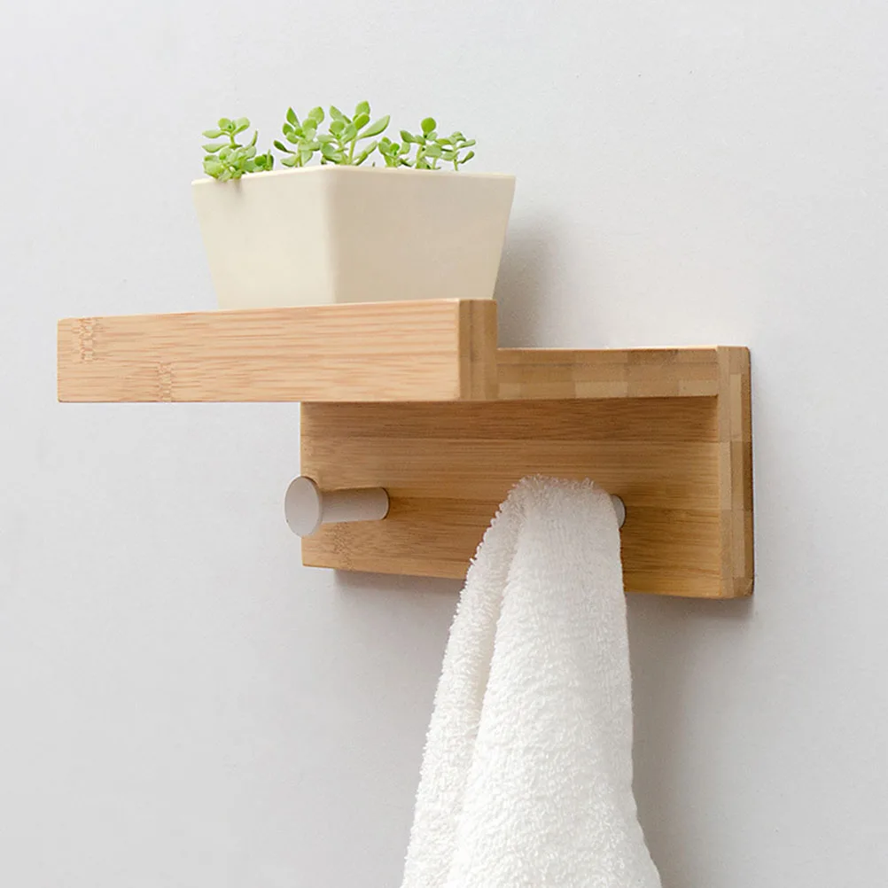 

Wall Shelf Wall Mount Bamboo Decorative Rack Small Showcase Display Board With 2 Hooks For Living Room Kitchen, Room, Or Office