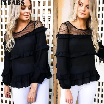 

US New Women Chiffon Transparent Lace Mesh Flower Loose Blouse Tee Tops