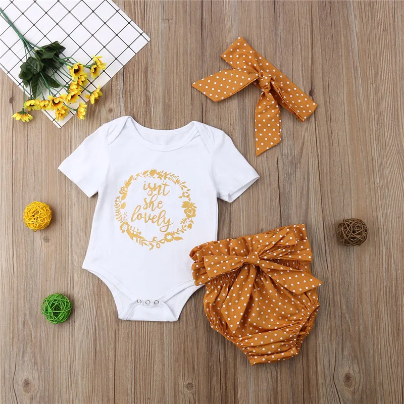 

Newborn Toddler Baby Girls Clothes bow Headband Dot Bandage shorts round neck letter print short sleeve Bodysuit 3pc Kids outfit