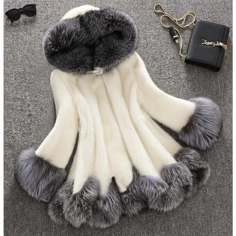 Veste Longueur D'hiver Moyen À Naturelle black Femelle Cheveux De Doublure Mince Survêtement Fourrure Long Renard Capuchon Vison Manteau Col White cFTK1lJ3