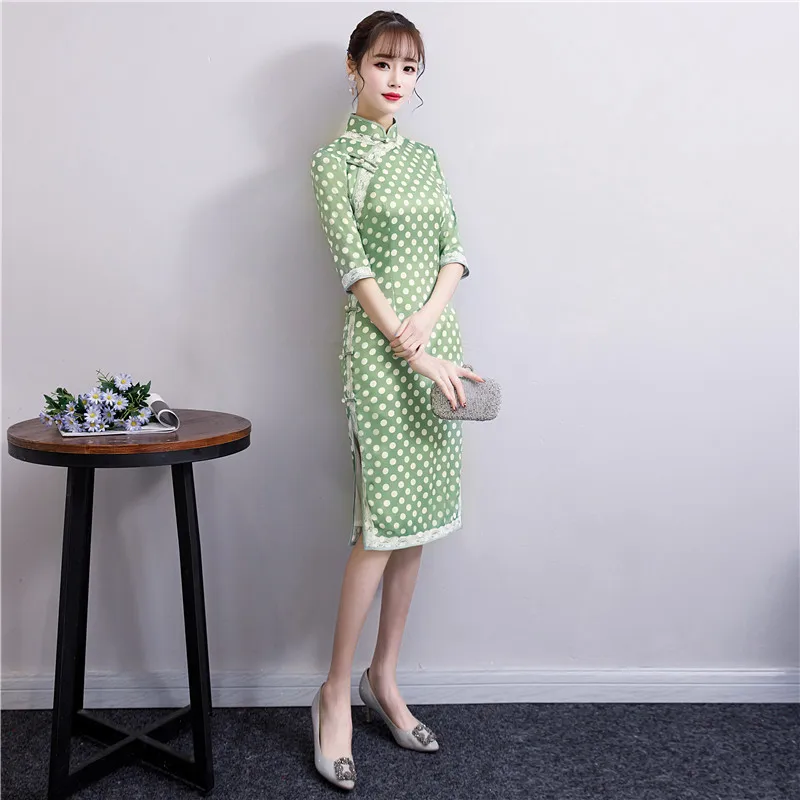 Модное зеленое кружевное платье Cheongsam современное длинное двухслойное Qi Pao