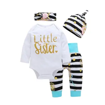 

Newborn Toddler Baby Girls Little Sister Letter Clothes Sets 4PCS Long Sleeve Romper Tops+Striped Pants+Hats+Headband