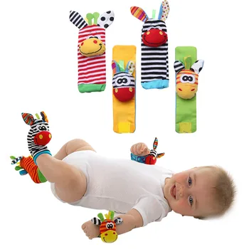 

Baby Toddlers Cute Cartoon Soft Colorful Animal 2pcs Foot Rattle Socks 2pcs Wrist Rattles for Early Educational Rattles Toys