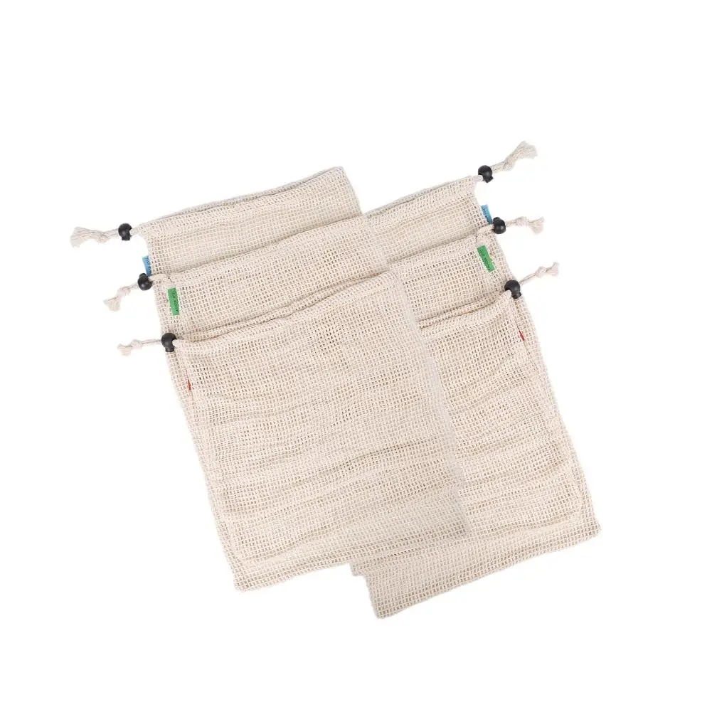 

6PCS Natural Organic Cotton Mesh Bag Fruit And Vegetable Storage Bag Drawstring Reusable Mesh Pack 2*S / 2*M / 2*L