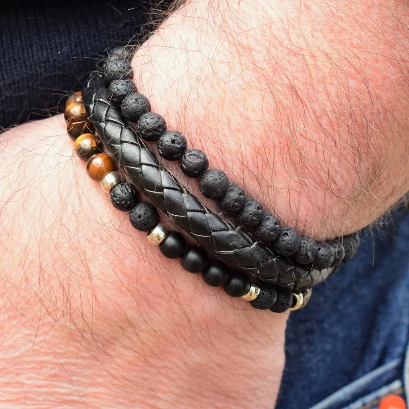

3pcs/Lot Charm bracelet New Fashion Lava & tiger eye Bead bracelets & bangles Leather Men Jewelry pulsera erkek bileklik gift
