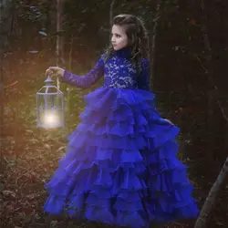 Дешевые для девочек в цветочек платья королевский синий с высоким воротом одежда с длинным рукавом бальное платье с кружевной аппликацией