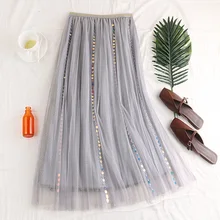 Юбки-пачки Saia Longa, плиссированные юбки, длинные, стильные, зимние, новые, с высокой талией, тонкие, с блестками, двухслойная газовая юбка, женские, расшитые блестками