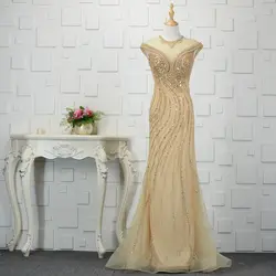 SSYFashion Новое роскошное Золотое вечернее платье русалки высокого класса в пол без рукавов сексуальное тонкое рыбий хвост пайетки бисерное