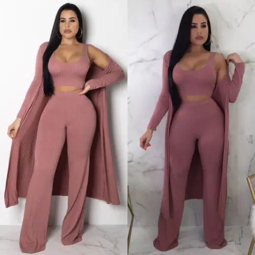 

2018 New Women 3Pcs Tracksuit Long Coat +Crop top +Pants Sets Casual Autumn Outwear Solid Sweater Suits Plus Size S-XXL