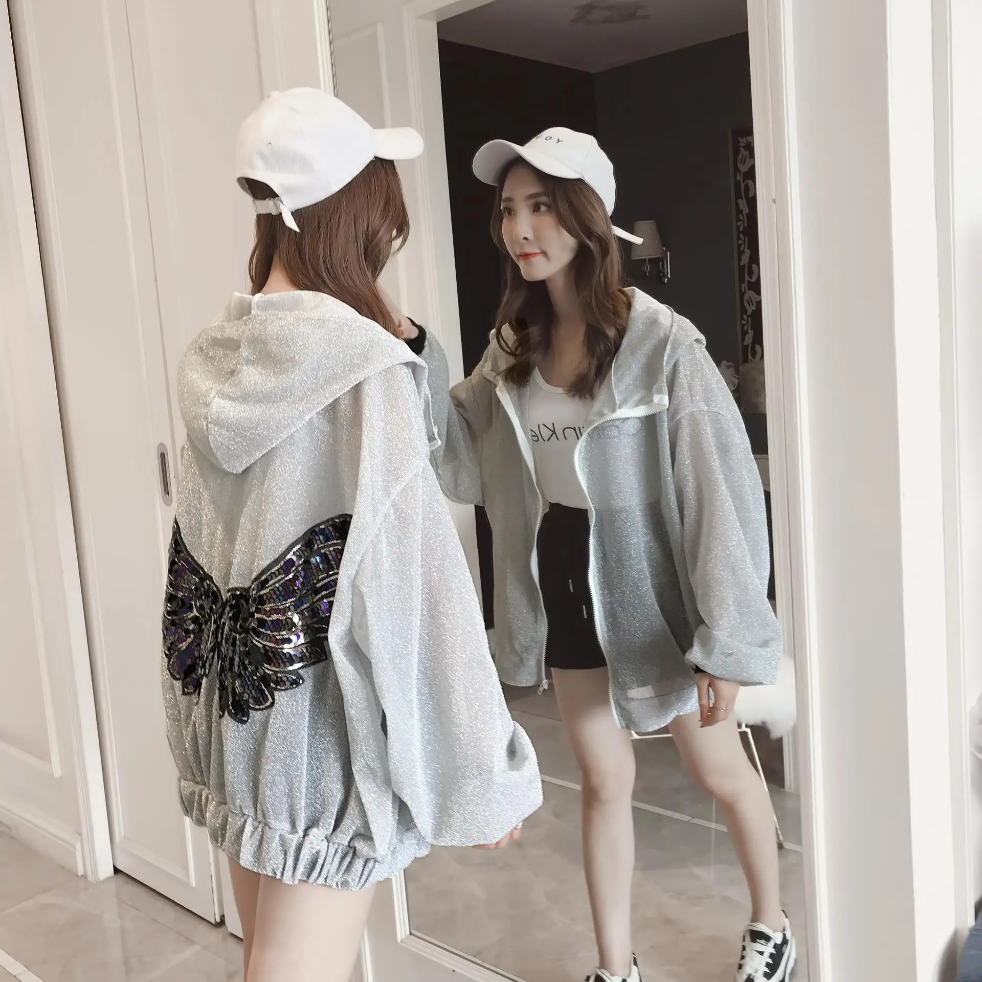 

#3508 Summer Silver Pink Lurex Windbreaker Coat Women Sequins Wings Lantern Sleeve Sunscreen Jacket Thin Perspective Outerwear