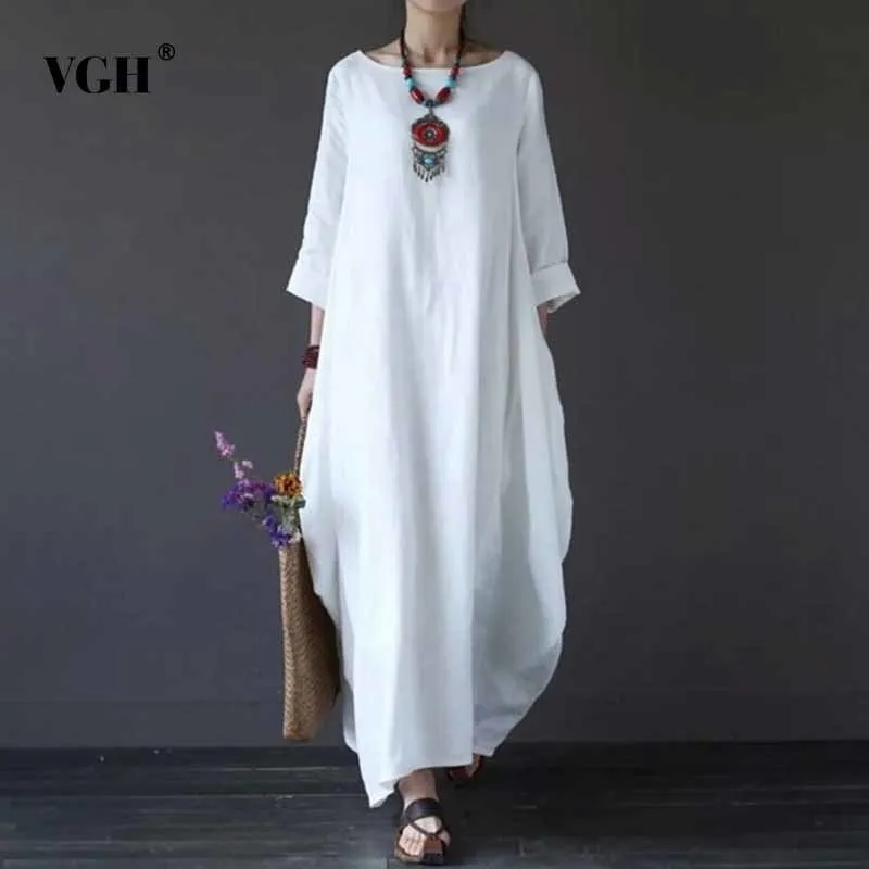 

VGH Summer Women Dresses Of The Big Sizes Casual Loose Plus Size Three Quarter Sleeve O Neck Long Ladies Dress New Fashion