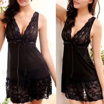 Women Sexy Nightwear Plus Size M-XXL Lace Nightgown Sleepwear Dress G-String Sexy Lingerie Robe