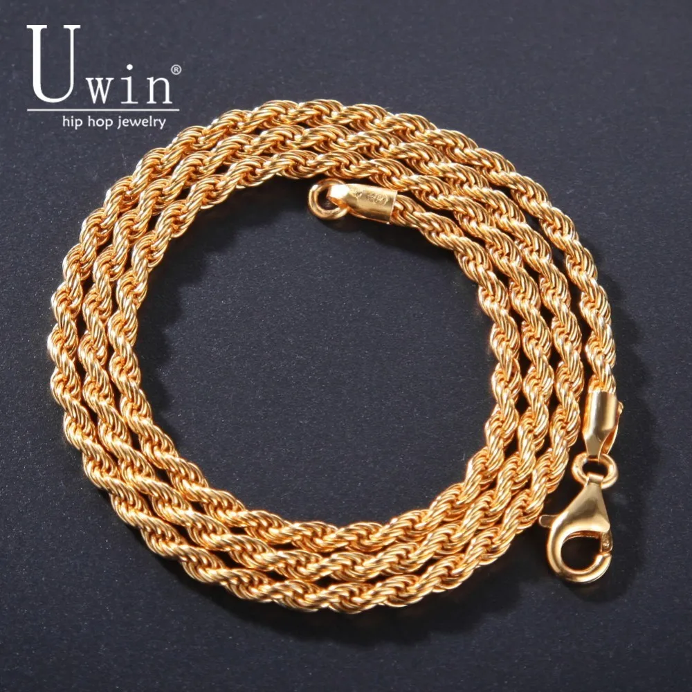 

Uwin 925 Sterling Silver 3mm Rope Chains High Quality Hiphop Gold Silver Necklace Fashion Jewelry Drop Shipping For Women Men