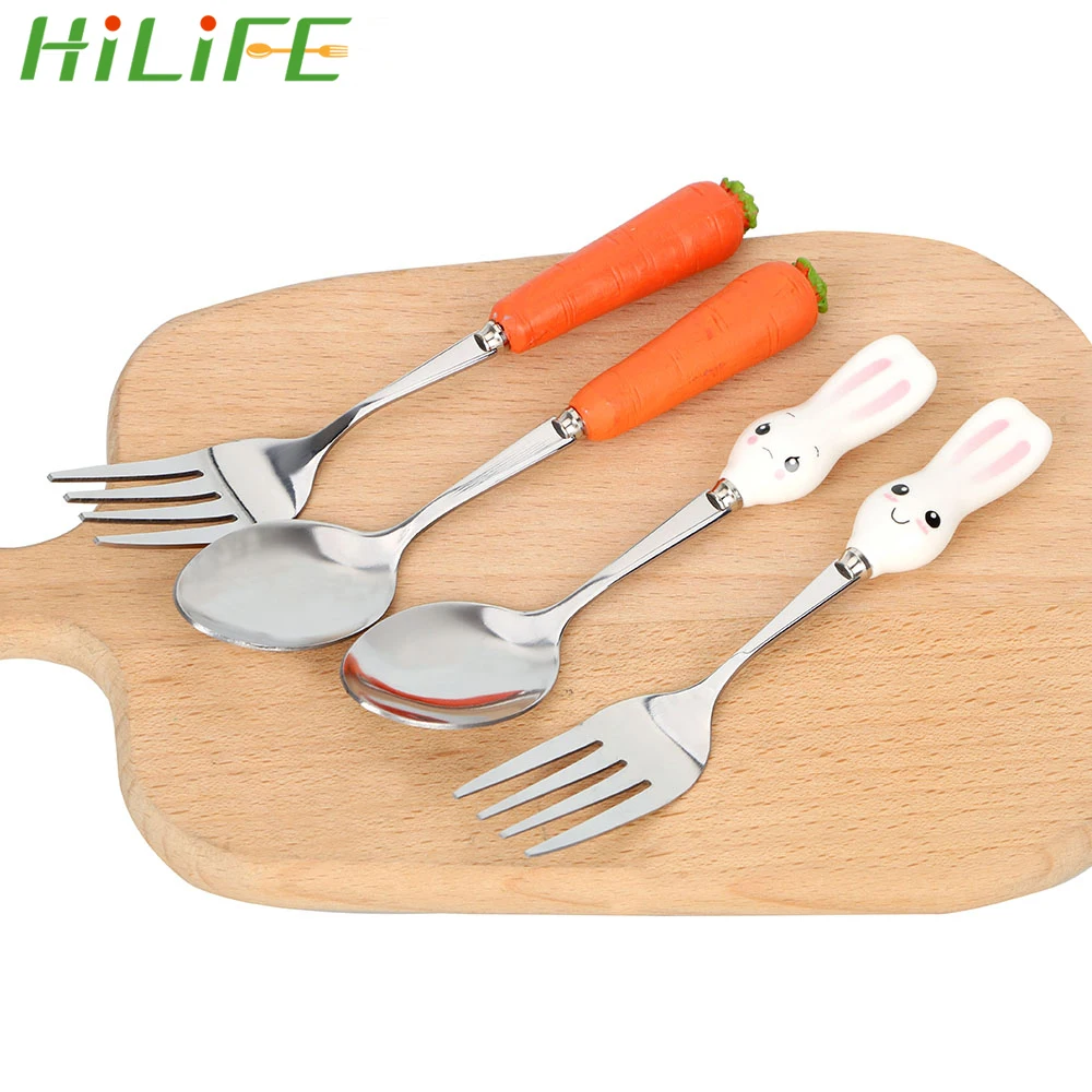 

HILIFE Stainless Steel Cute Baby Safety Cartoon Rabbit Carrot Baby Kids Feeding Tools Spoon Fork Children Dinnerware Set
