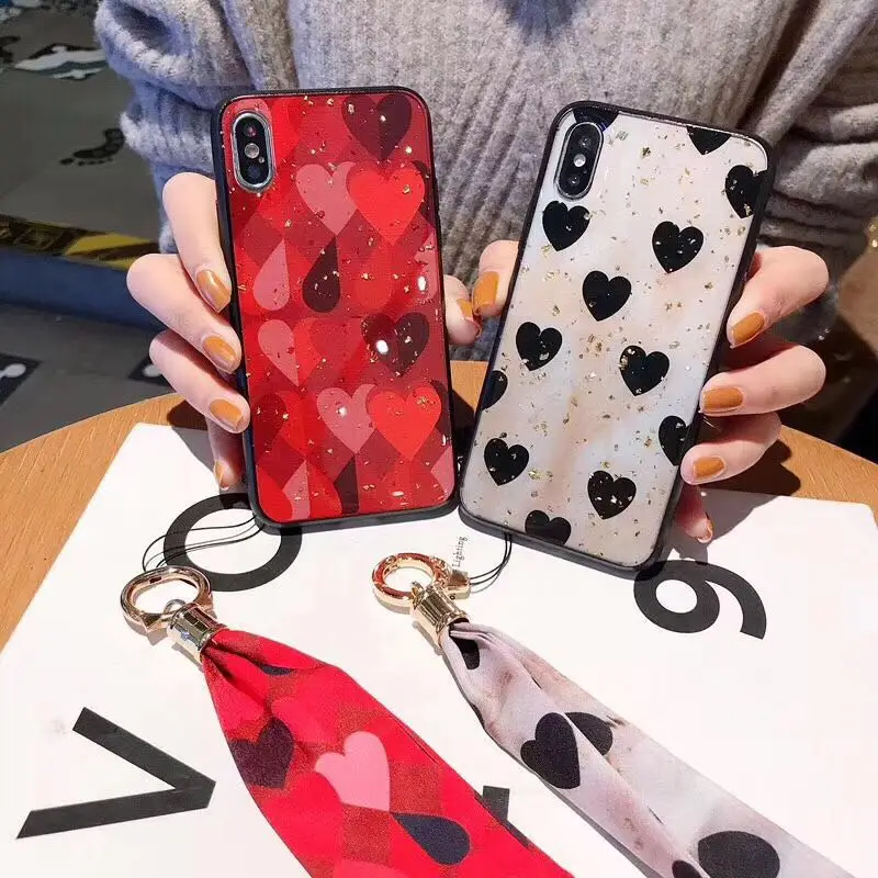 

ins stylish Hearts Caramel For iPhoneXsmax Gold Foil Strap Lanyard Phone Case XR soft Cover 7/8plus 6s Body Shell Protection