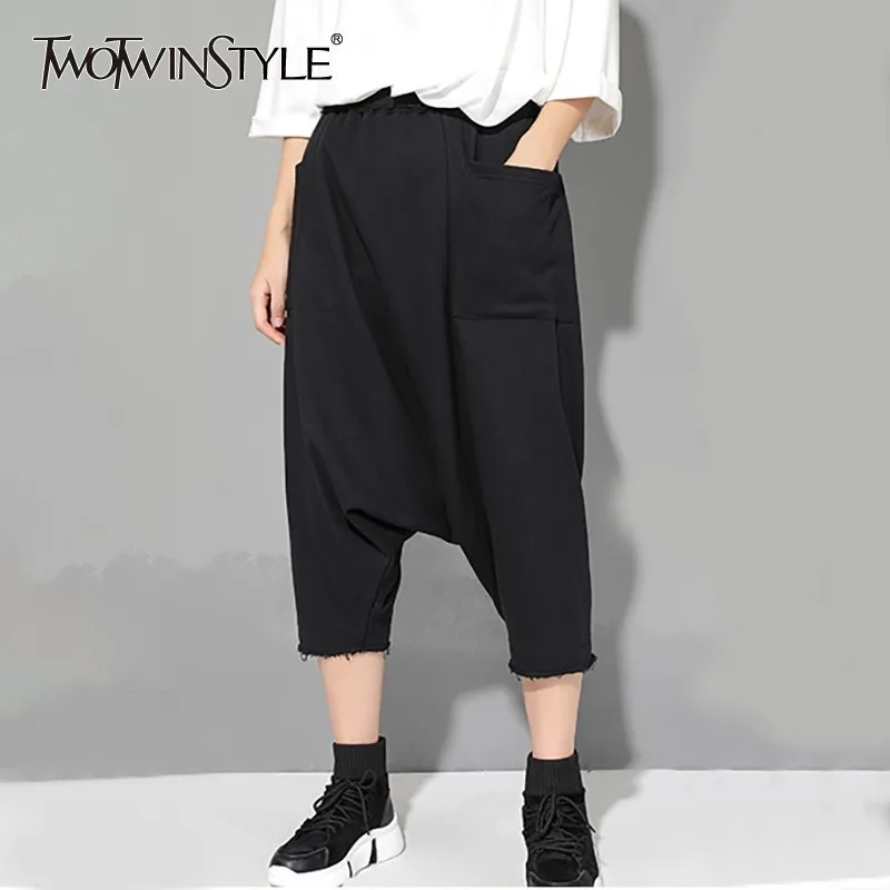 TWOTWINSTYLE Повседневное черный Для женщин брюки Высокая Талия Свободные негабаритных крест штаны Весенняя мода корейский 2019 новый прилив