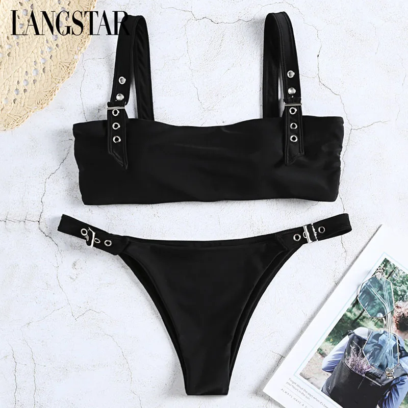 

LANGSTAR Square Neck Buckled Strap Bikini Solid Color Bikini Push Up Swimwear Women Swimsuit Low Waist Bikinis 2019 Mujer