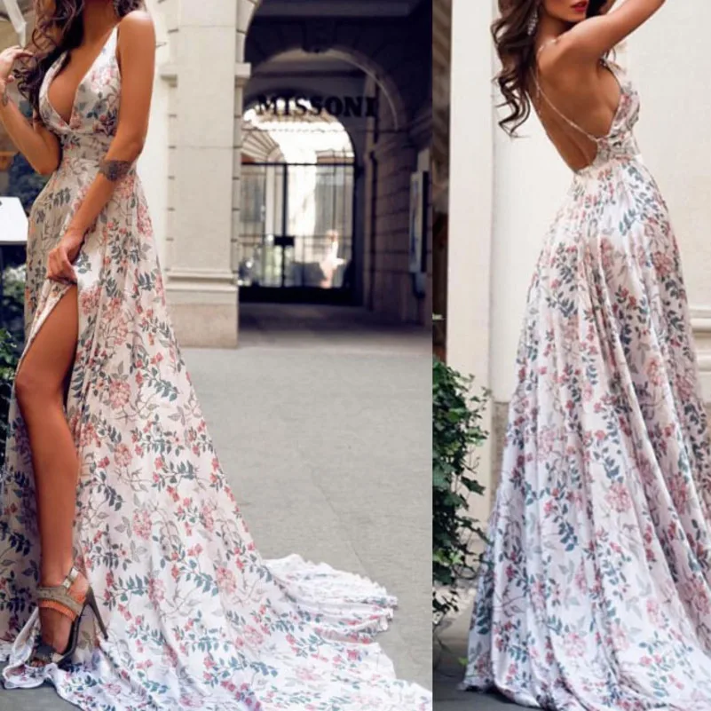 

summer long floral dress sexy suspender backless robe femme streetwear vestido longo ropa mujer elbise elegant woman clothes