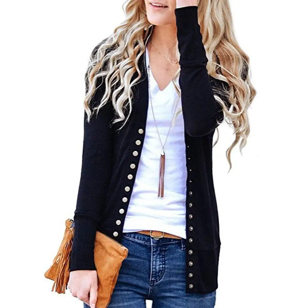 النساء الخامس الرقبة طويلة الأكمام سترة بلون زر عارضة سترة واحدة الصدر القطن معطف الربيع الملابس