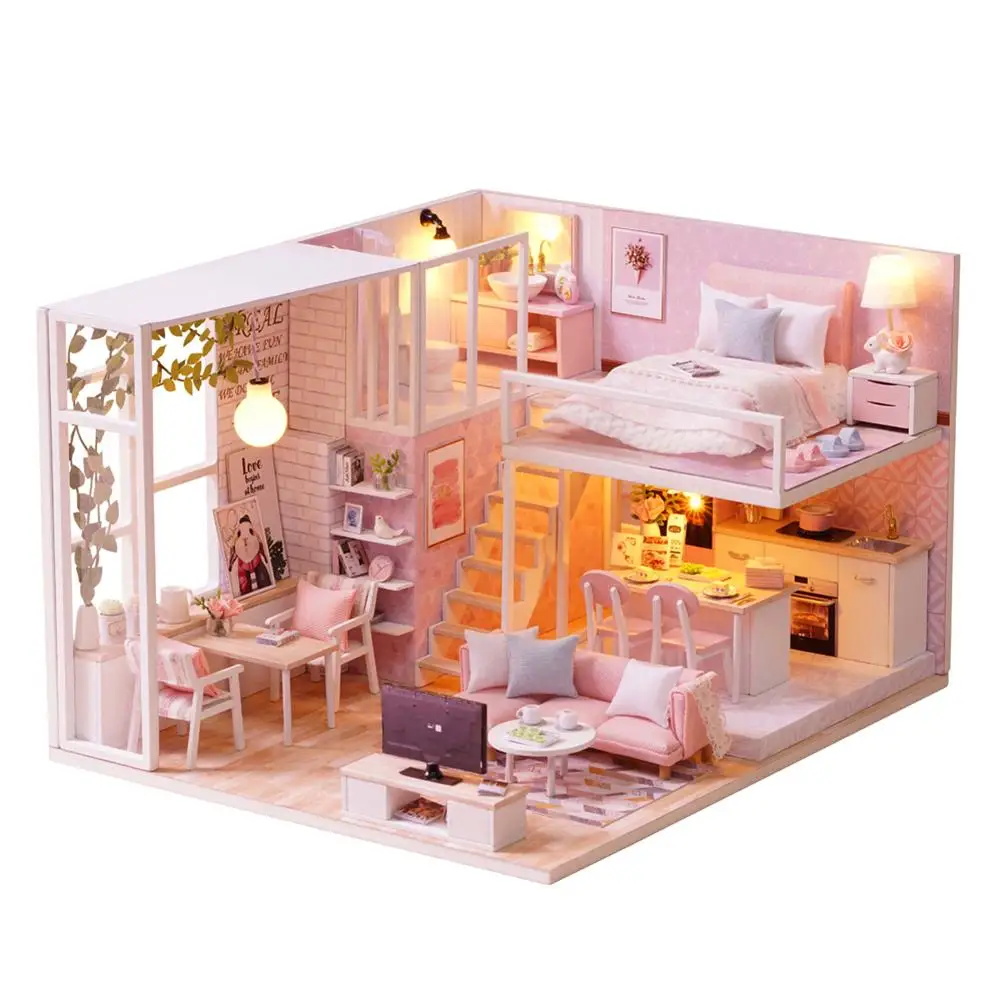 

Fashion DIY Miniature Loft Dollhouse Kit Realistic Wooden Toy Furniture Christmas Gift