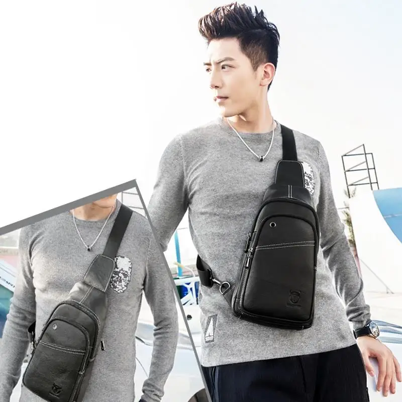 

BULLCAPTAIN Fashion Genuine Leather Crossbody Bags men Brand Small Male Shoulder Bag casual music chest bags messenger bag 085