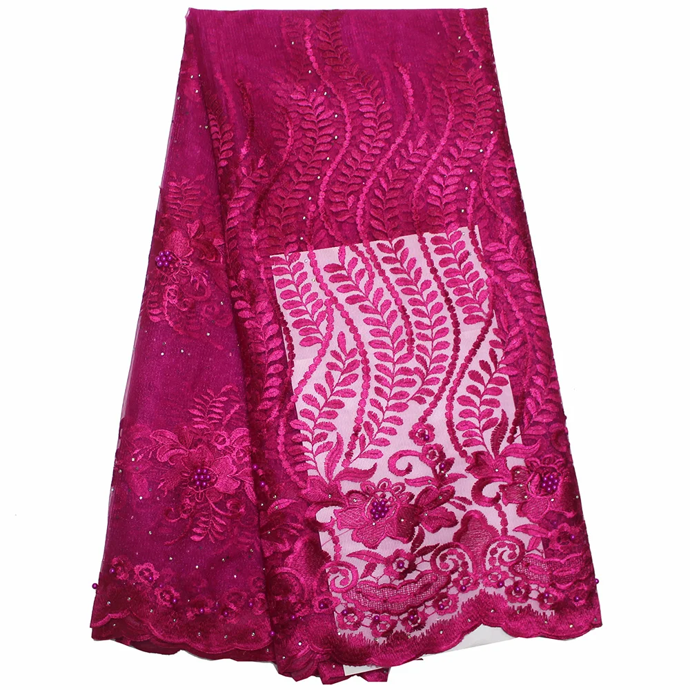 

African lace fabric 2019 high quality lace crystal organza fabric with beads Rose red Blue nigerian lace fabrics wholesale