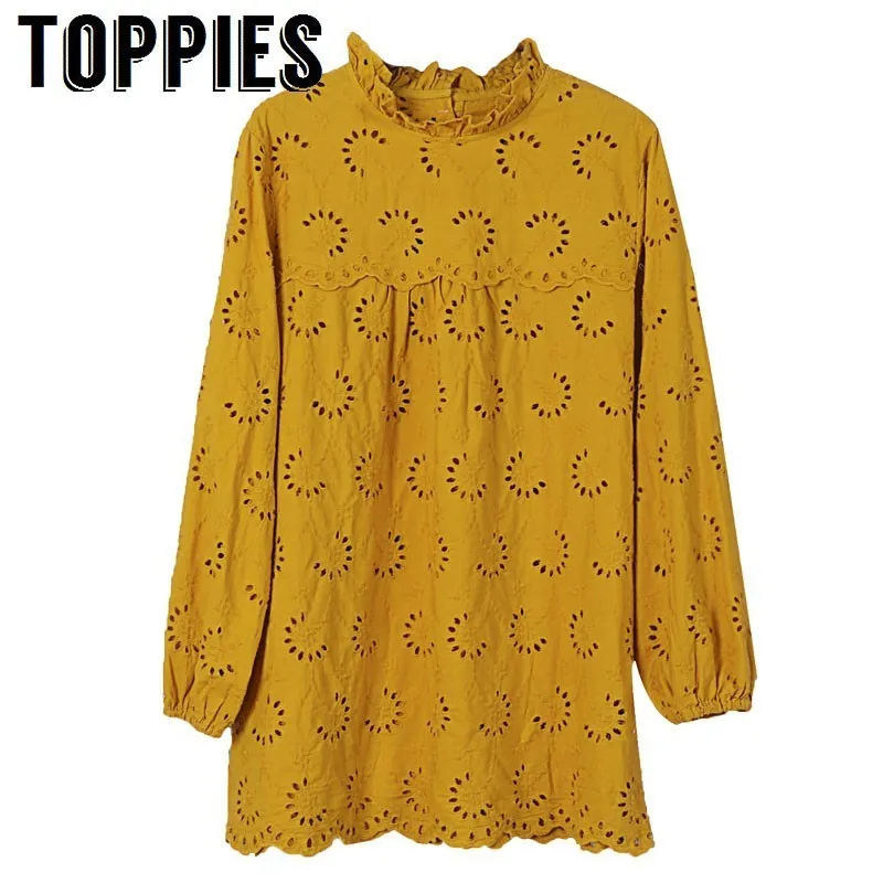 

2019 Spring Loose Long Shirt Cotton Linen Blouses Tops Women Ruffles Collar Embroidery Jumper Hollow Out Sweet Smocks