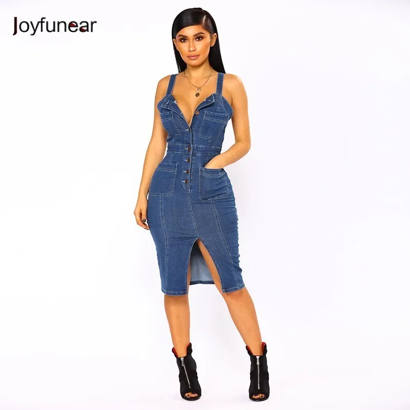 Joyfunear Backless Blue Denim Dress Women Sleveless Single Button 