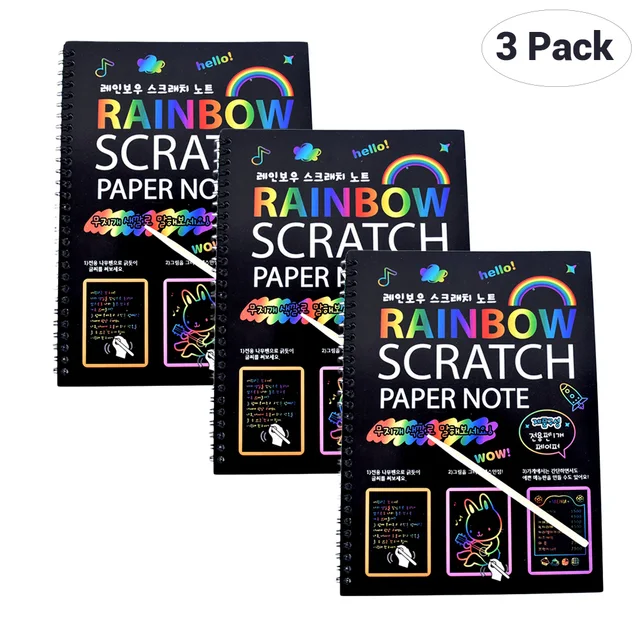 3 Pack 26*19cm Magic Color Rainbow Scratch Paper Note Book with Pen Black DIY Drawing Toys Scraping Painting toys for Kid Gift 5
