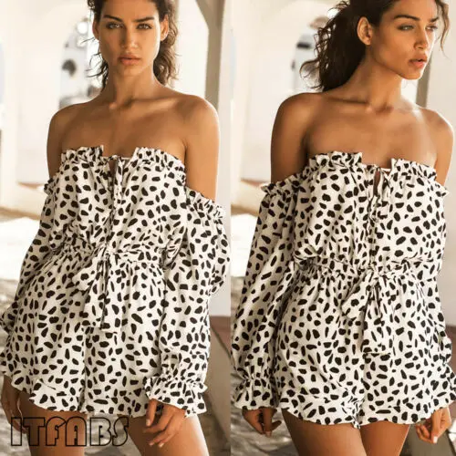 

2019Women Off Shoulder Leopard Print Playsuit Party Evening Summer Romper Long Sleeve Jumpsuit Shorts