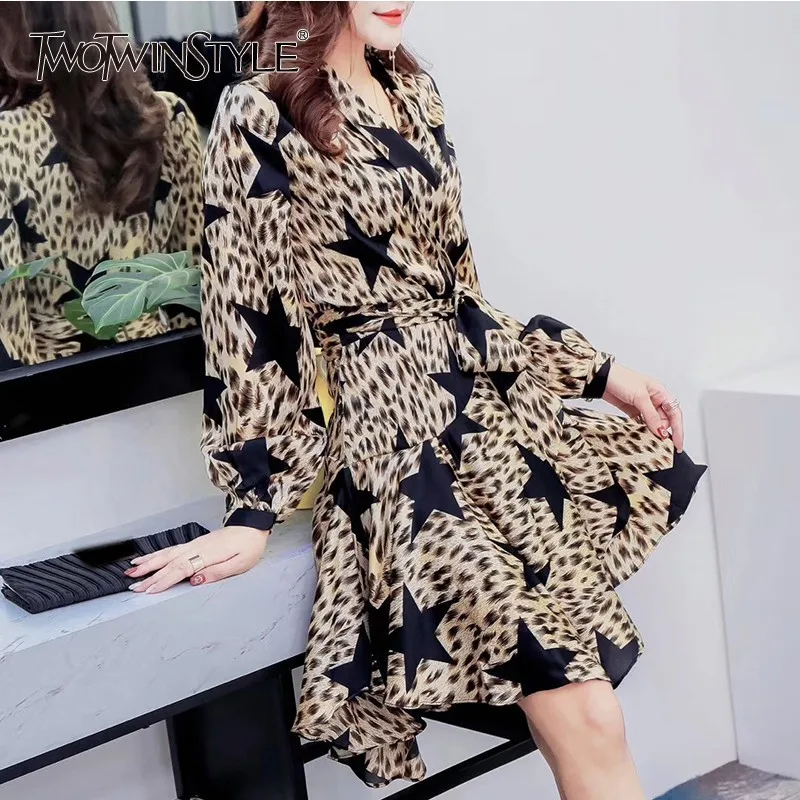 

TWOTWINSTYLE Print Leopard Stars Dress Female V Neck Long Sleeve Lace Up Asymmetrical Mini Dresses Women Vintage Fashion 2019
