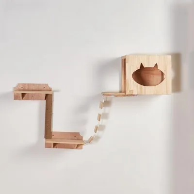 Wooden Wall Mounted Cat House Sisal Scratching Post Tree Kitten Wooden Wall Mounted Cat House Sisal Scratching Post Tree Kitten Climbing Ladder Pet Wood Cage Creative Jump Platform Cw112
