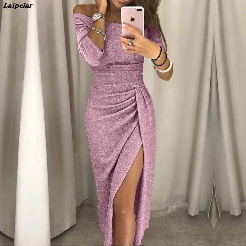 

Women 3/4 Sleeve Slash Neck Peplum Dress Glitter Sequin Party Dresses Front Split Sparkly Bodycon Dress Clubwear Laipelar