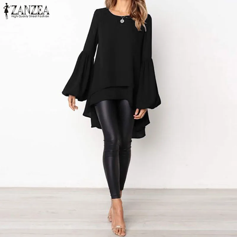 

ZANZEA 2019 Fashion Irregular Shirts Vestido Summer Women Solid Party Blouse Casual Long Lantern Sleeve Loose Long Tops Blusas